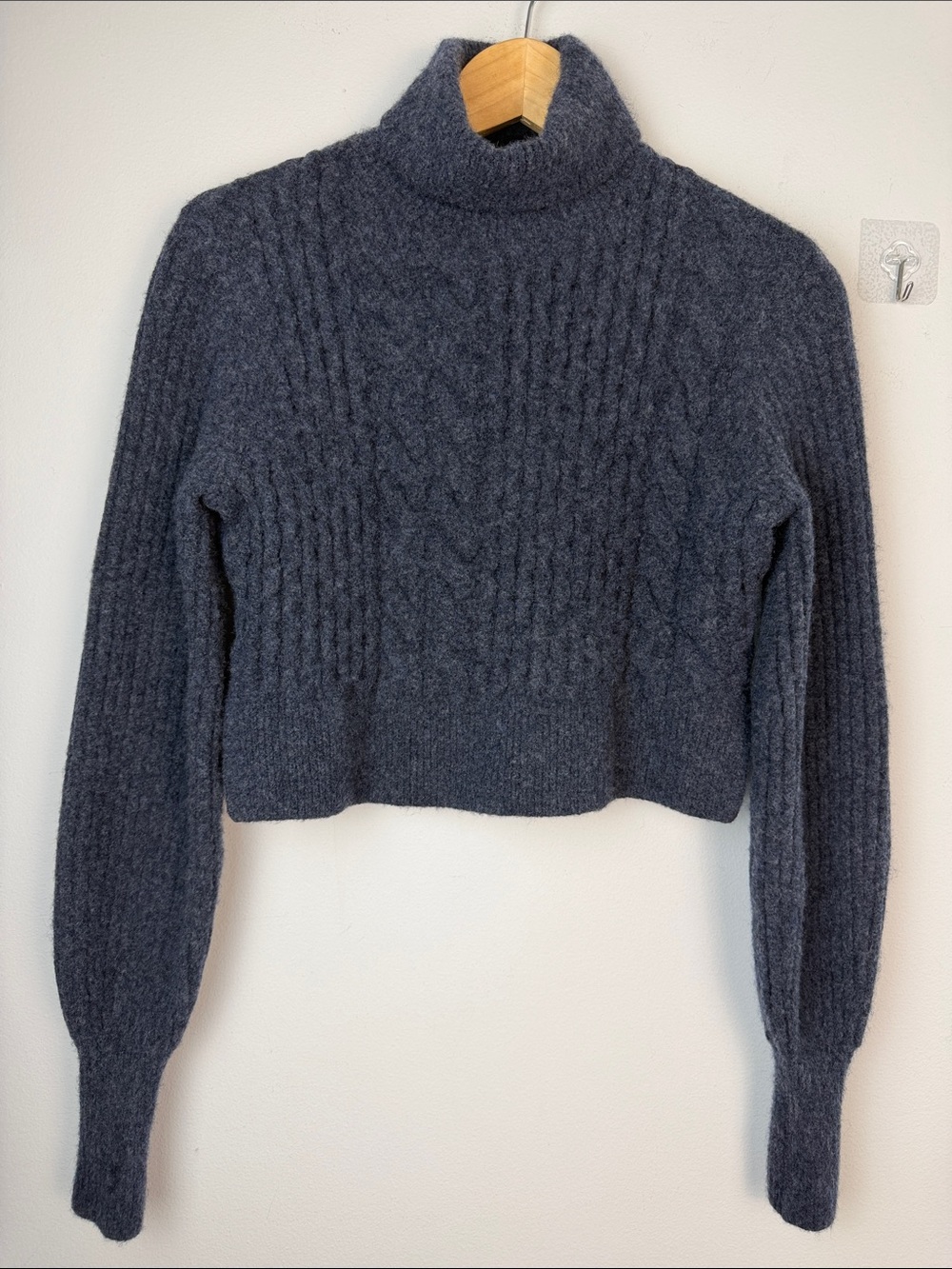 All Saints Claude Cropped Sweater Chunky Cable Knit Mock Neck Wool Blend SM Blue - Picture 4 of 16